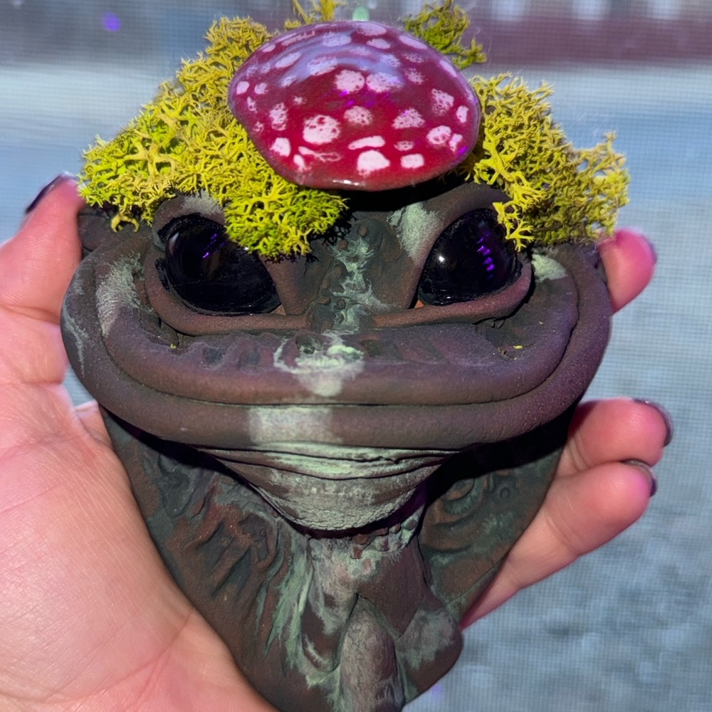 Unique Amanita Mushroom Creature Frog From The Forest Moss Lichen